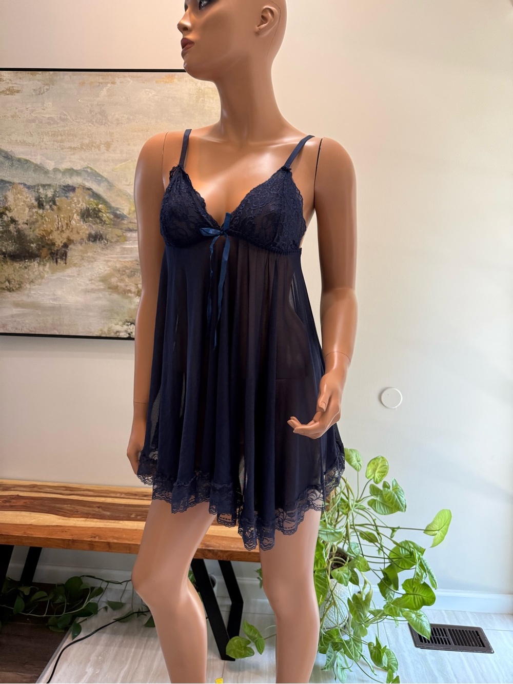 Sheer Lace Babydoll Chemise lingerie nightgown is in Navy blue semi sheer large